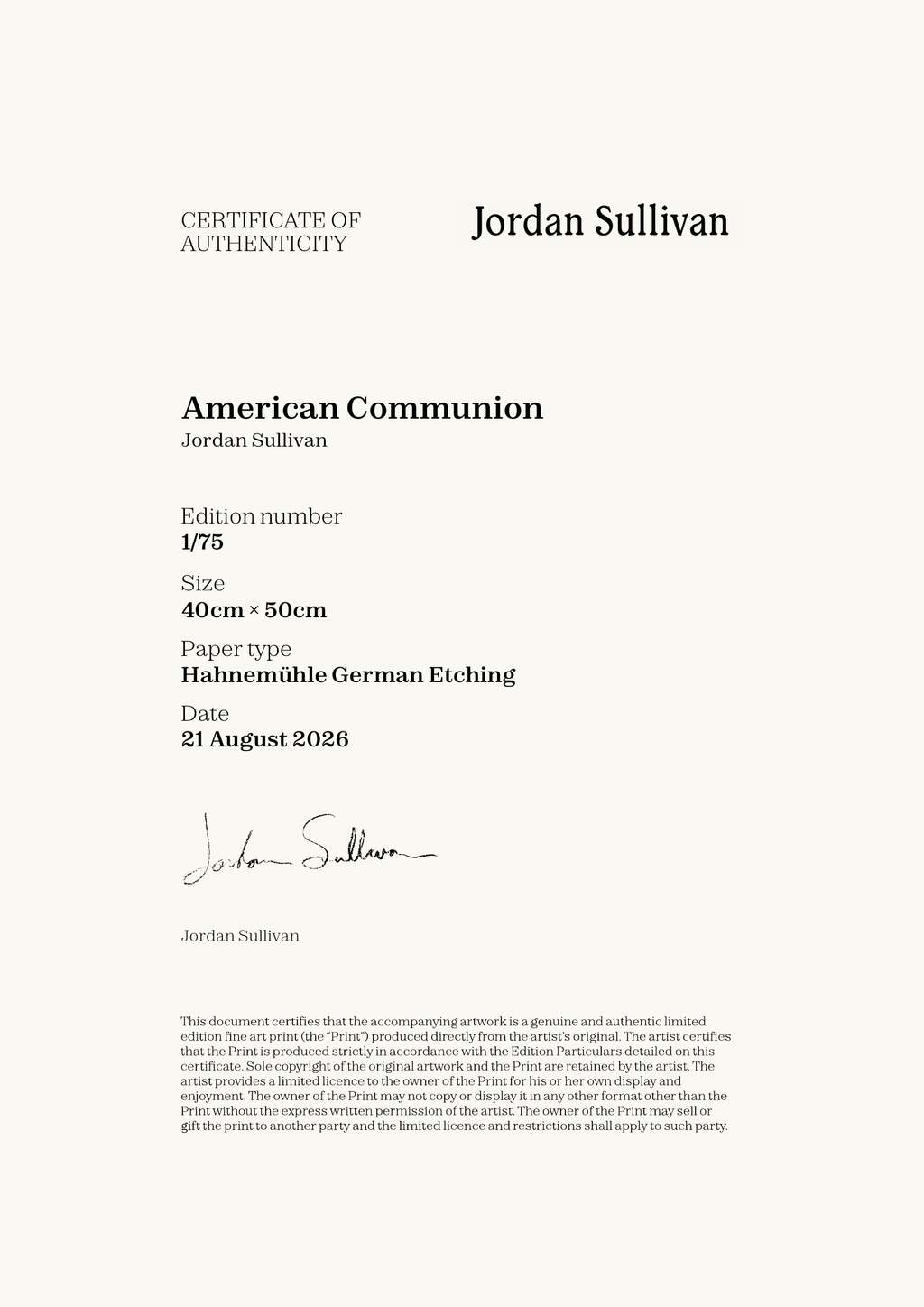 American Communion — Certificate of Authenticity