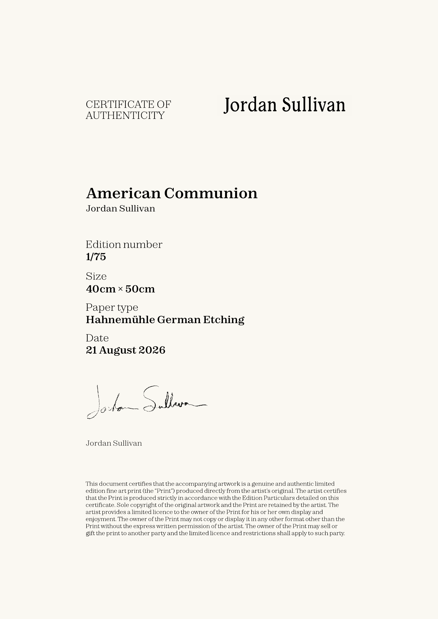 American Communion — Certificate of Authenticity