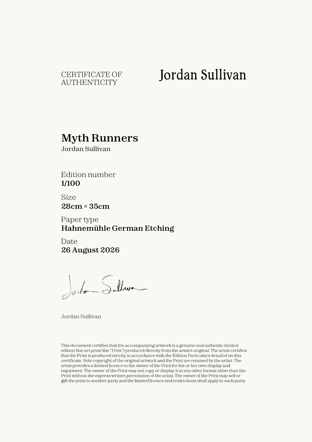 Myth Runners — Certificate of Authenticity