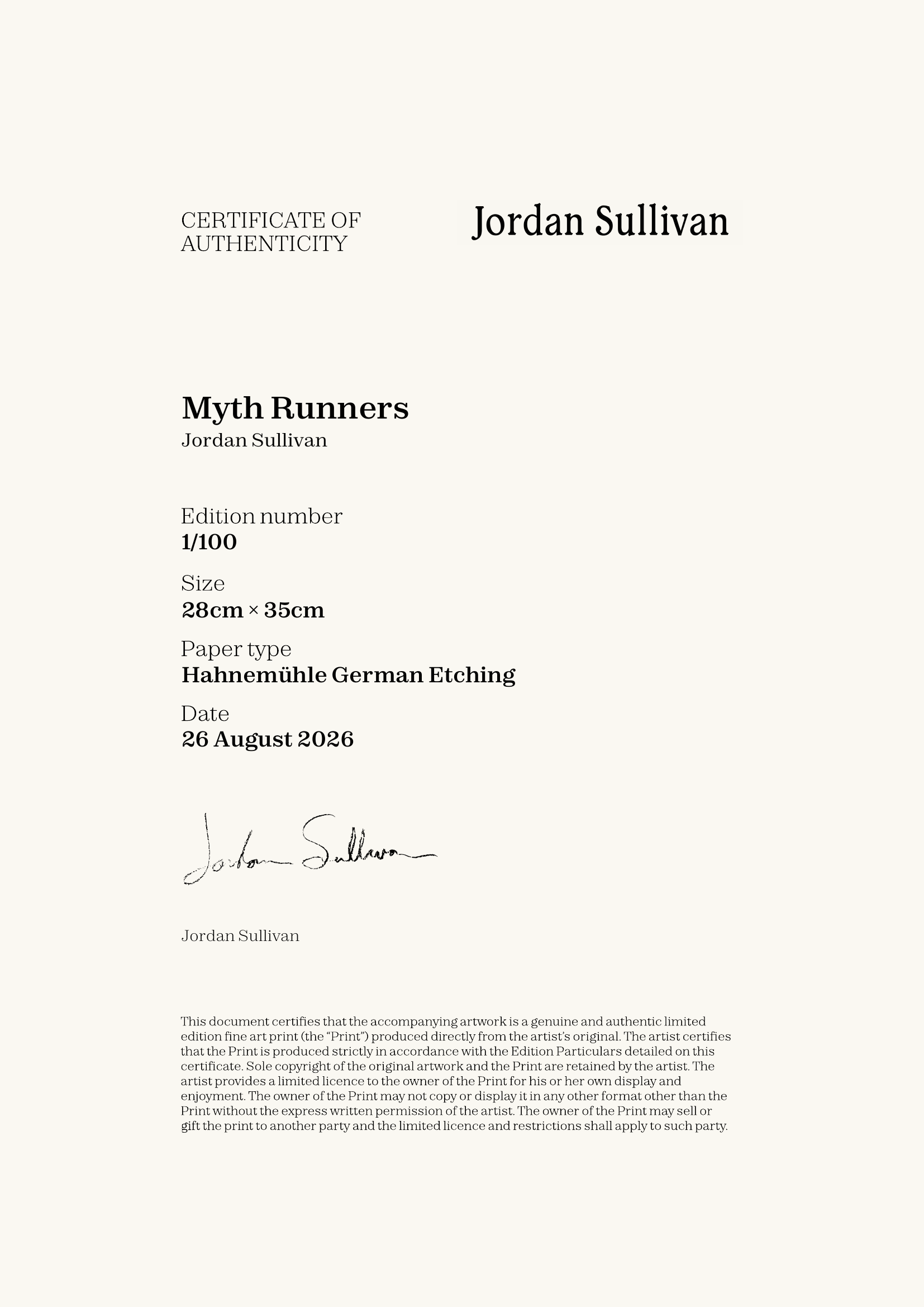 Myth Runners — Certificate of Authenticity